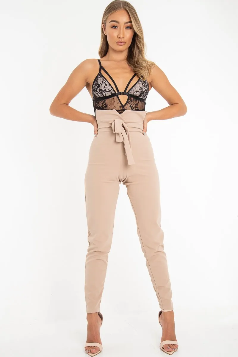 Beige Tie Front Crepe Cigarette Trousers - Ryanne