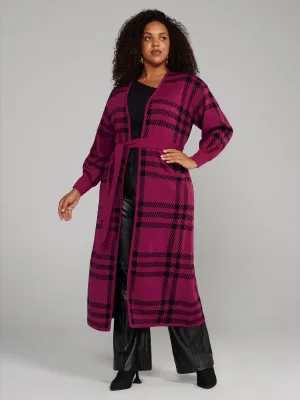 Belted Plaid Long Cardigan