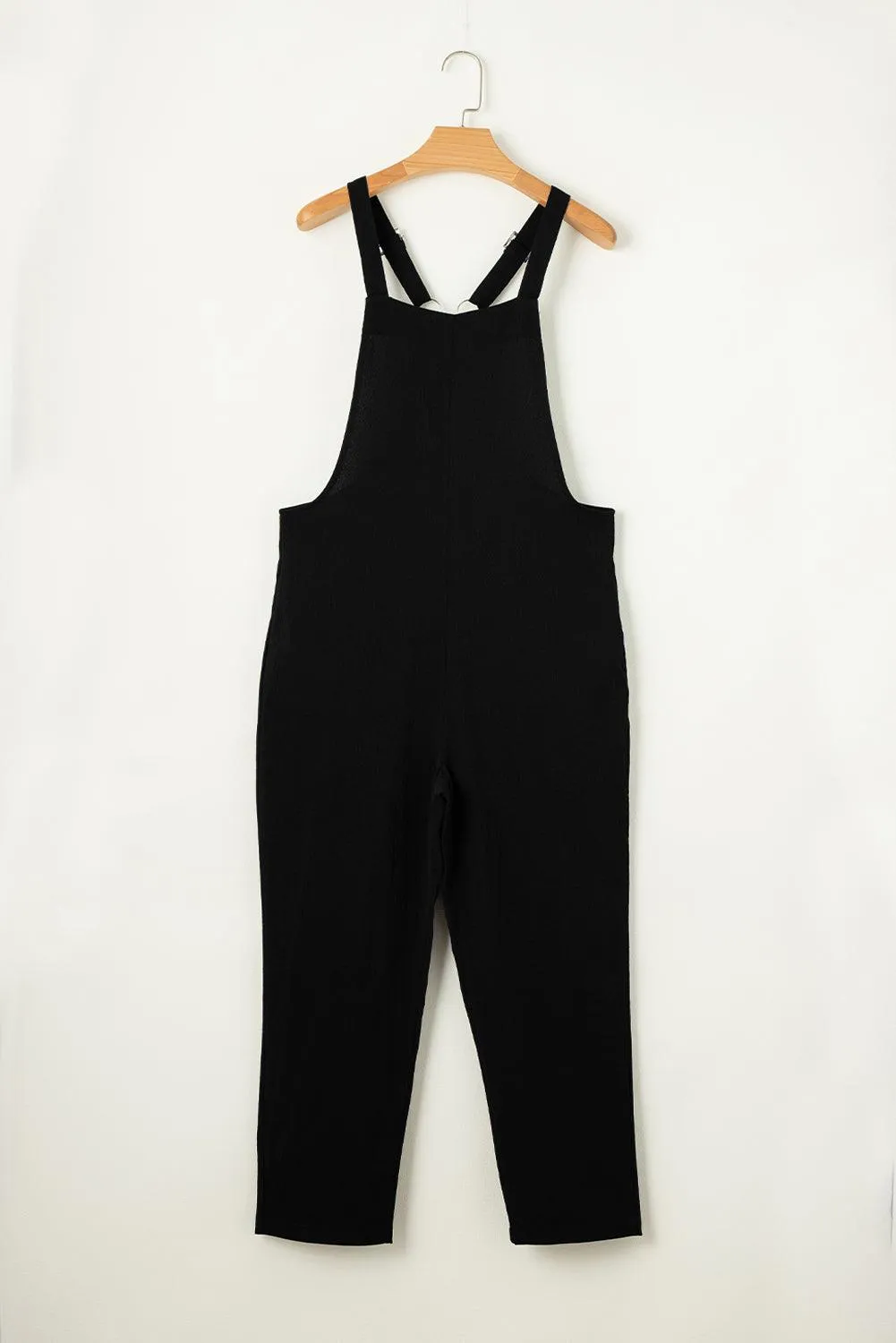 Black Casual Overall Jumpsuit with Adjustable Buckle Straps Cropped