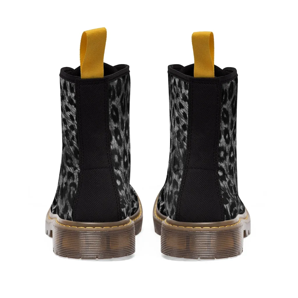 Black Leopard Women's Canvas Boots, Best Leopard Animal Print Winter Boots For Ladies