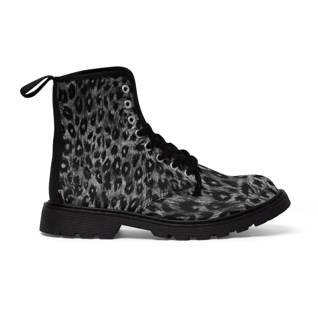 Black Leopard Women's Canvas Boots, Best Leopard Animal Print Winter Boots For Ladies