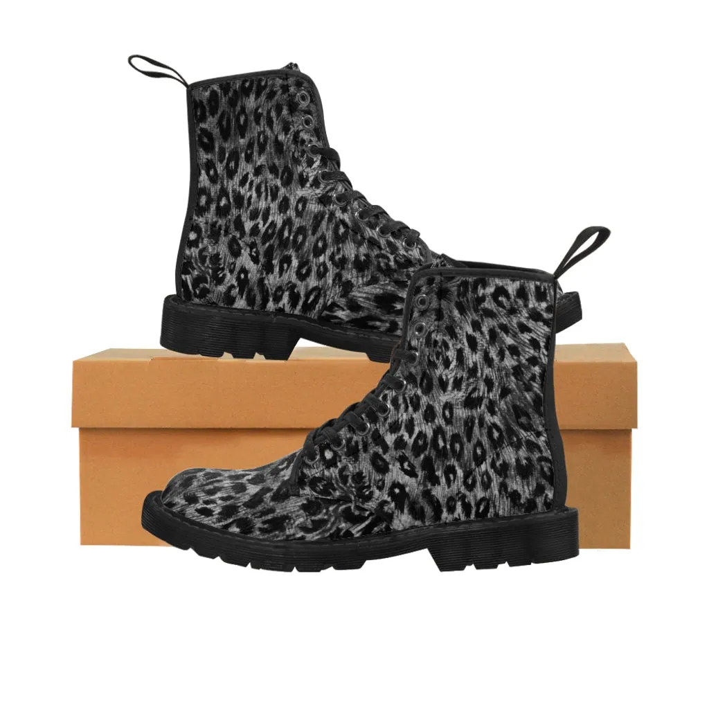 Black Leopard Women's Canvas Boots, Best Leopard Animal Print Winter Boots For Ladies