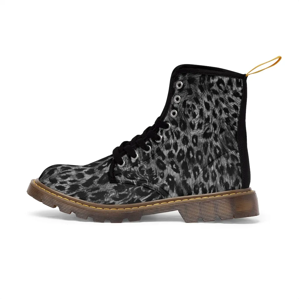 Black Leopard Women's Canvas Boots, Best Leopard Animal Print Winter Boots For Ladies