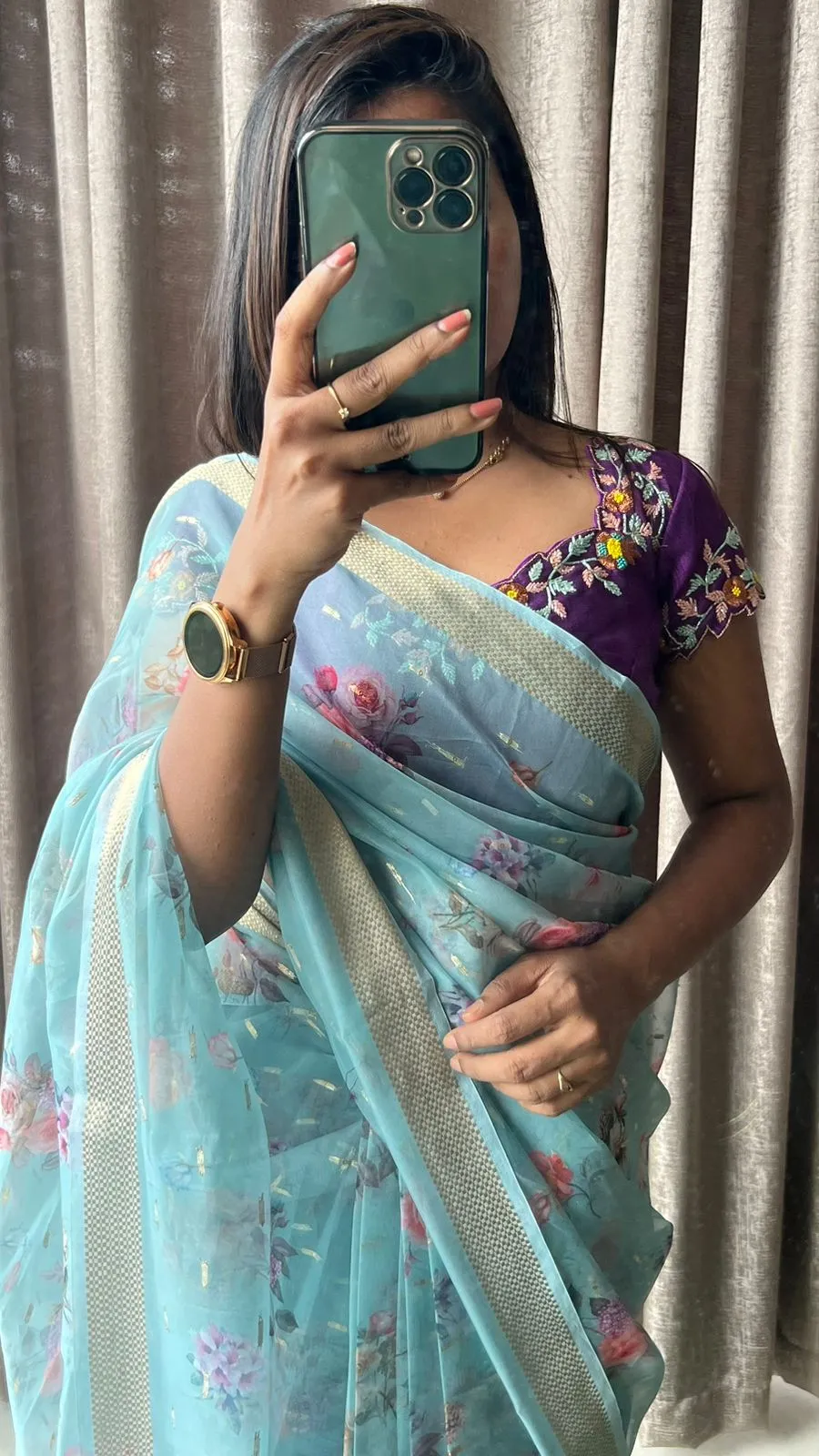 Blue organza saree with purple handwork blouse