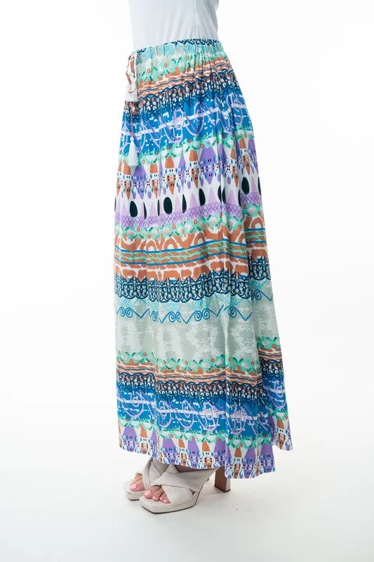 Bohemian Printed Elastic Waist Band Long Skirt with Tassels in Sage Combo by White Birch