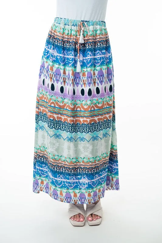 Bohemian Printed Elastic Waist Band Long Skirt with Tassels in Sage Combo by White Birch