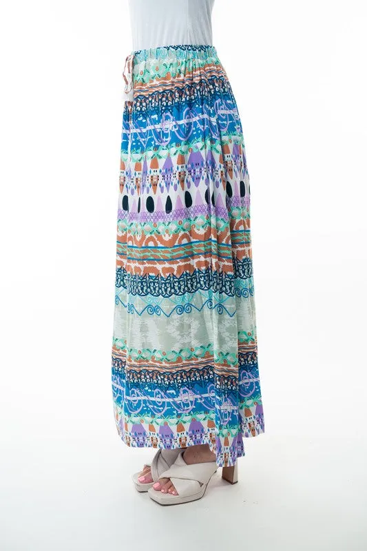 Bohemian Printed Elastic Waist Band Long Skirt with Tassels in Sage Combo by White Birch