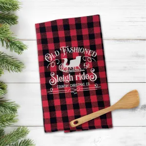 Buffalo plaid red black Cotton Tea towel | christmas tea towel | sleigh rides old fashioned dish towel | christmas tea towel