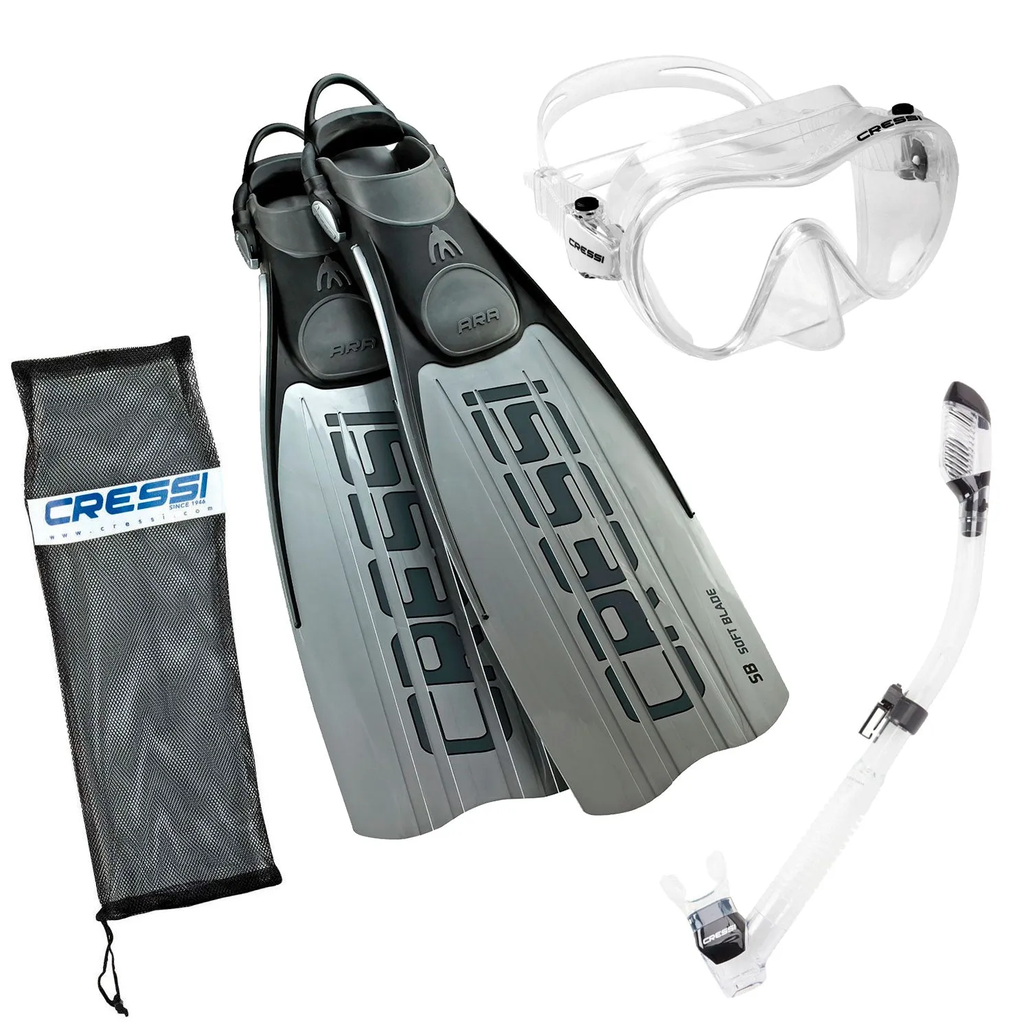 Cressi Ara Open Heel Fins F1 Frameless Dive Mask Supernova Dry Adult Size Snorkel Package