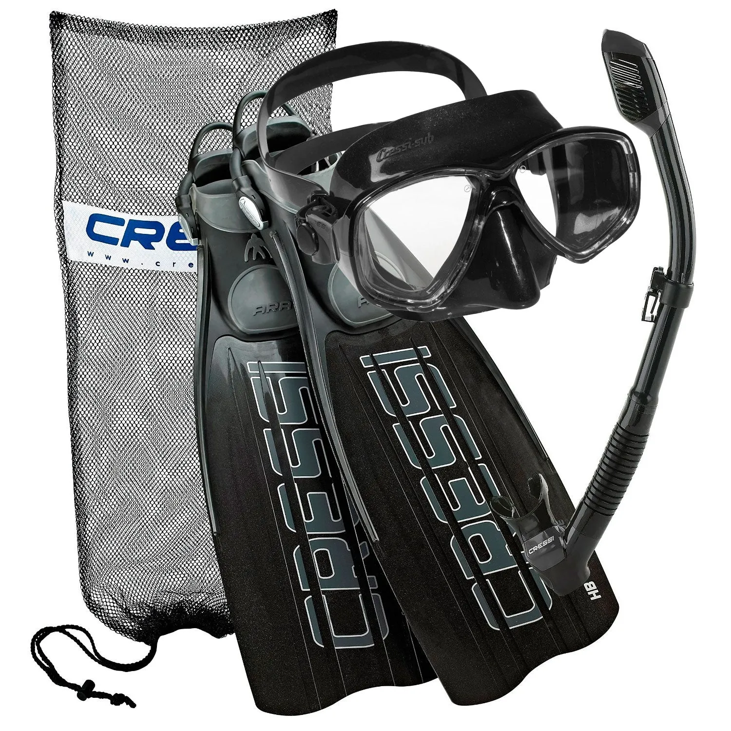 Cressi Ara Open Heel Fins F1 Frameless Dive Mask Supernova Dry Adult Size Snorkel Package