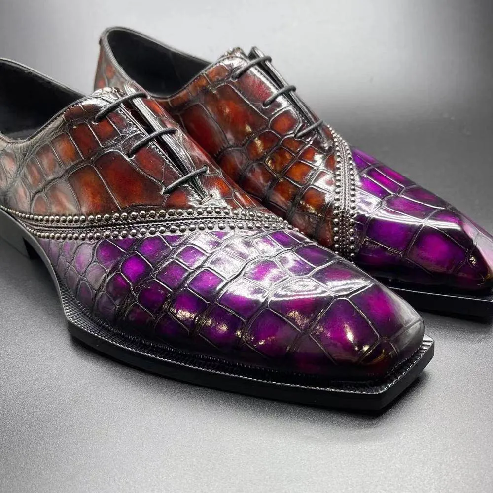 Crocodile Shoes Genuine Crocodile Leather Mens Lace up Dress Shoes Hand Painted Vintage Brown/ Purple