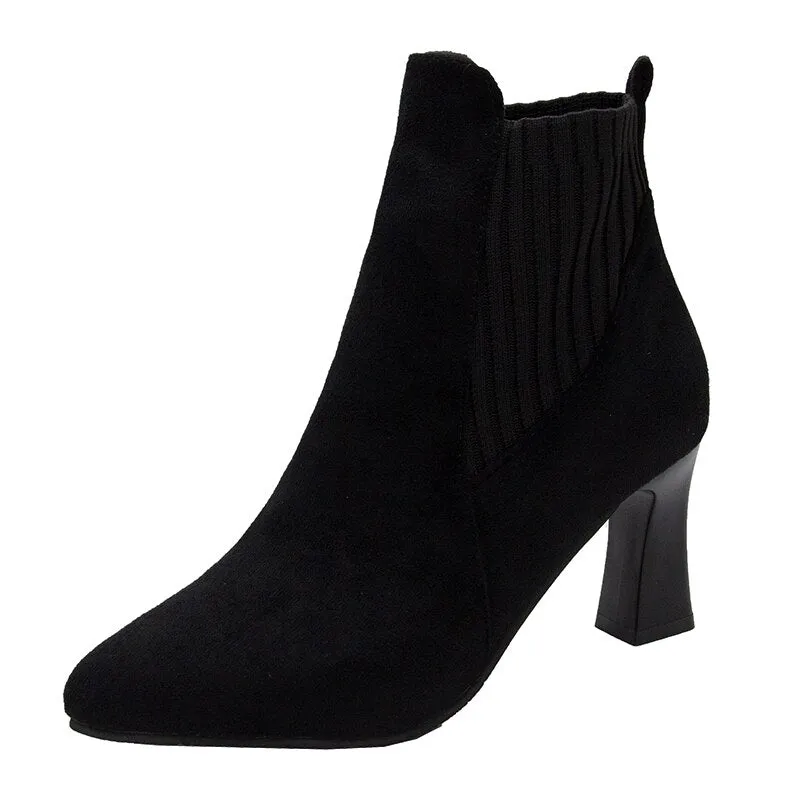 deanwangkt Autumn Winter Women Boots Elastic Ankle Boots Pointed Toe Thick Heel High Heels Shoes Woman Female Plus Fleece Warm Socks Boots