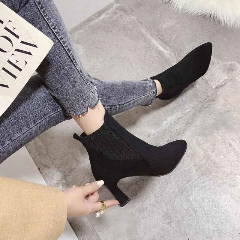 deanwangkt Autumn Winter Women Boots Elastic Ankle Boots Pointed Toe Thick Heel High Heels Shoes Woman Female Plus Fleece Warm Socks Boots