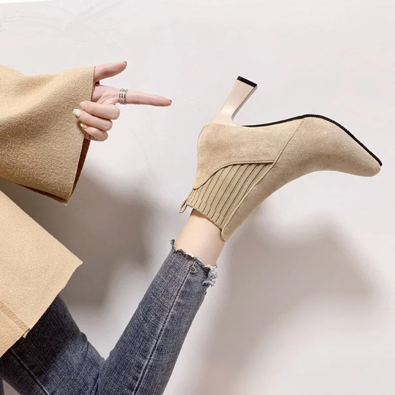 deanwangkt Autumn Winter Women Boots Elastic Ankle Boots Pointed Toe Thick Heel High Heels Shoes Woman Female Plus Fleece Warm Socks Boots