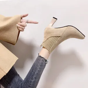 deanwangkt Autumn Winter Women Boots Elastic Ankle Boots Pointed Toe Thick Heel High Heels Shoes Woman Female Plus Fleece Warm Socks Boots