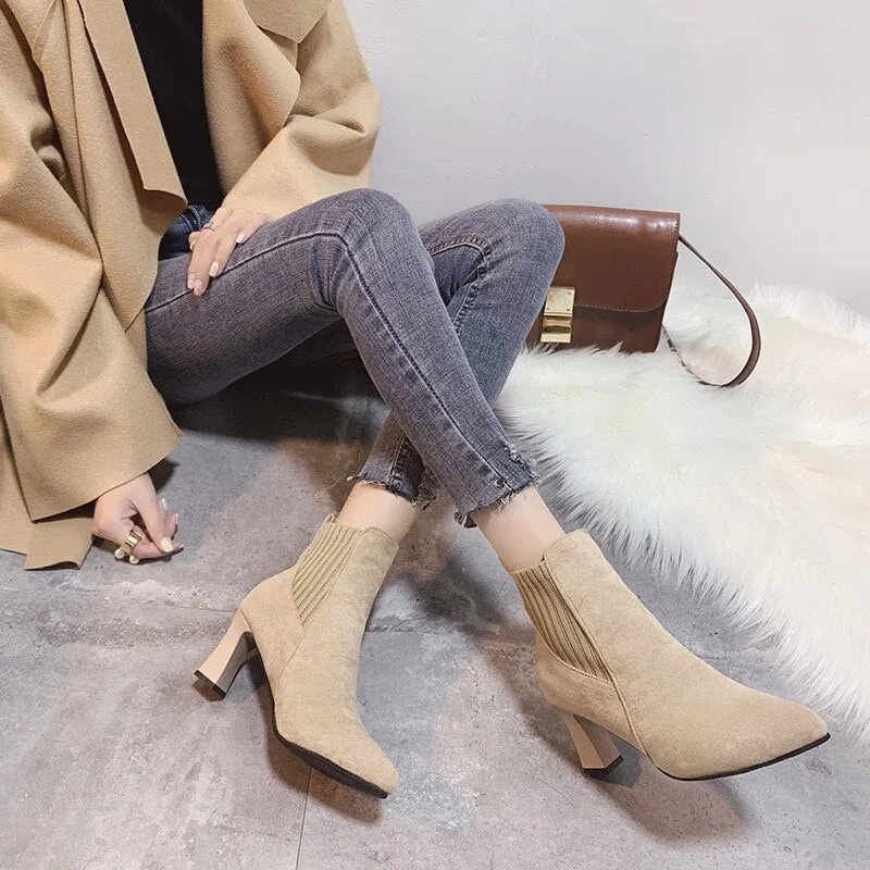 deanwangkt Autumn Winter Women Boots Elastic Ankle Boots Pointed Toe Thick Heel High Heels Shoes Woman Female Plus Fleece Warm Socks Boots