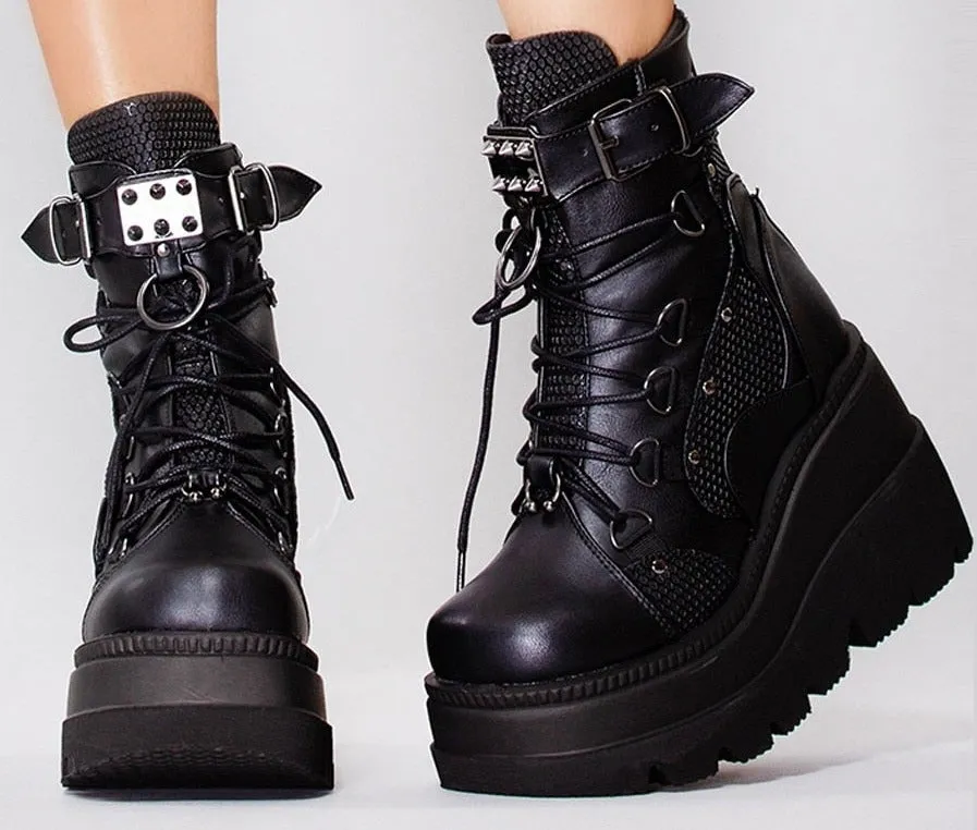 DEANWANGKT High Wedges Buckle Zipper Women Boots Punk Cool Street Thick Heel Shoeslace Autumn Ladies Shoes