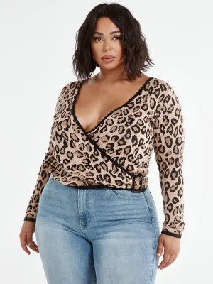 Georgina Leopard Print Wrap Sweater with Belt Buckle