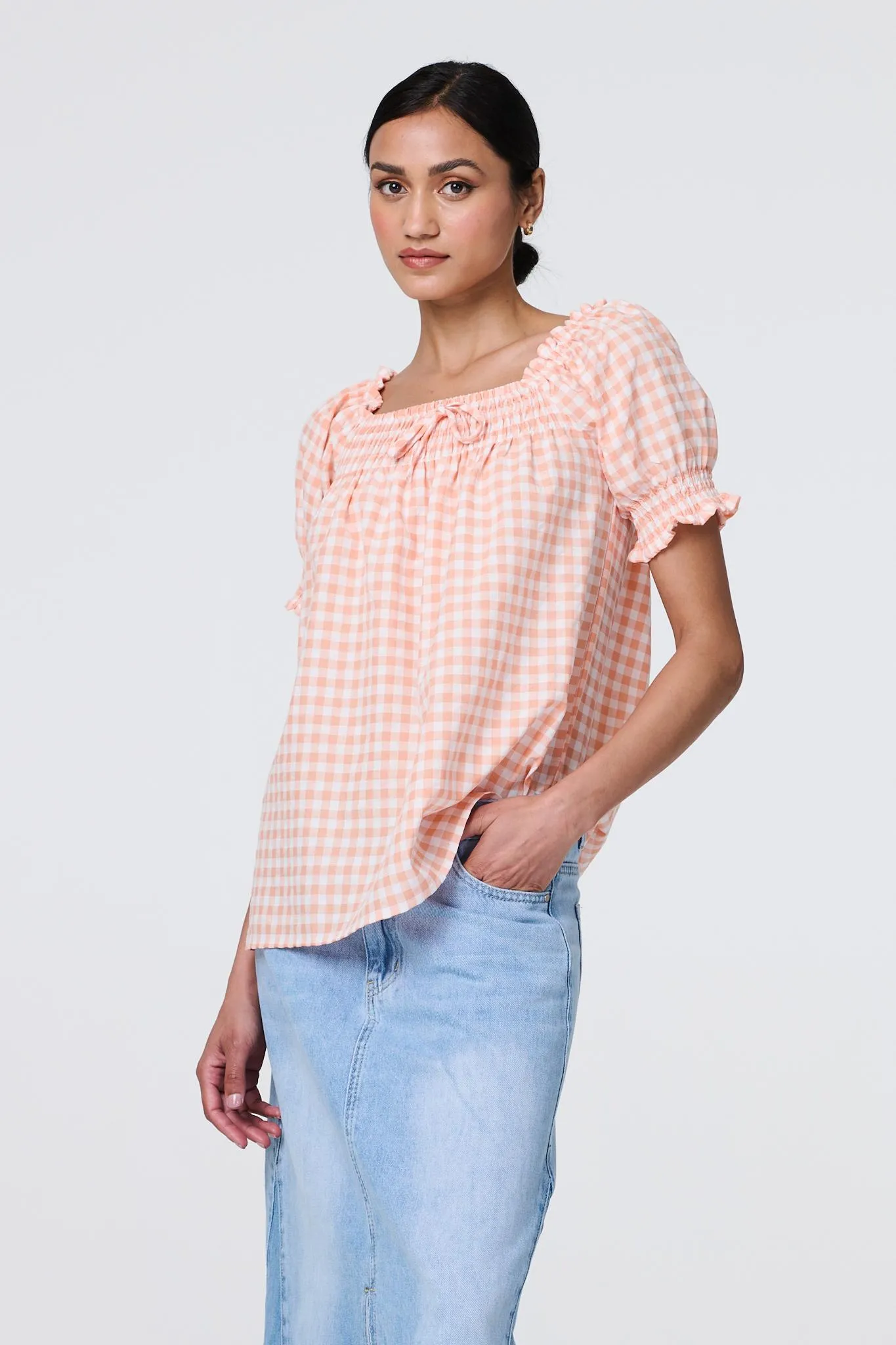 Gingham Check Puff Sleeve Blouse