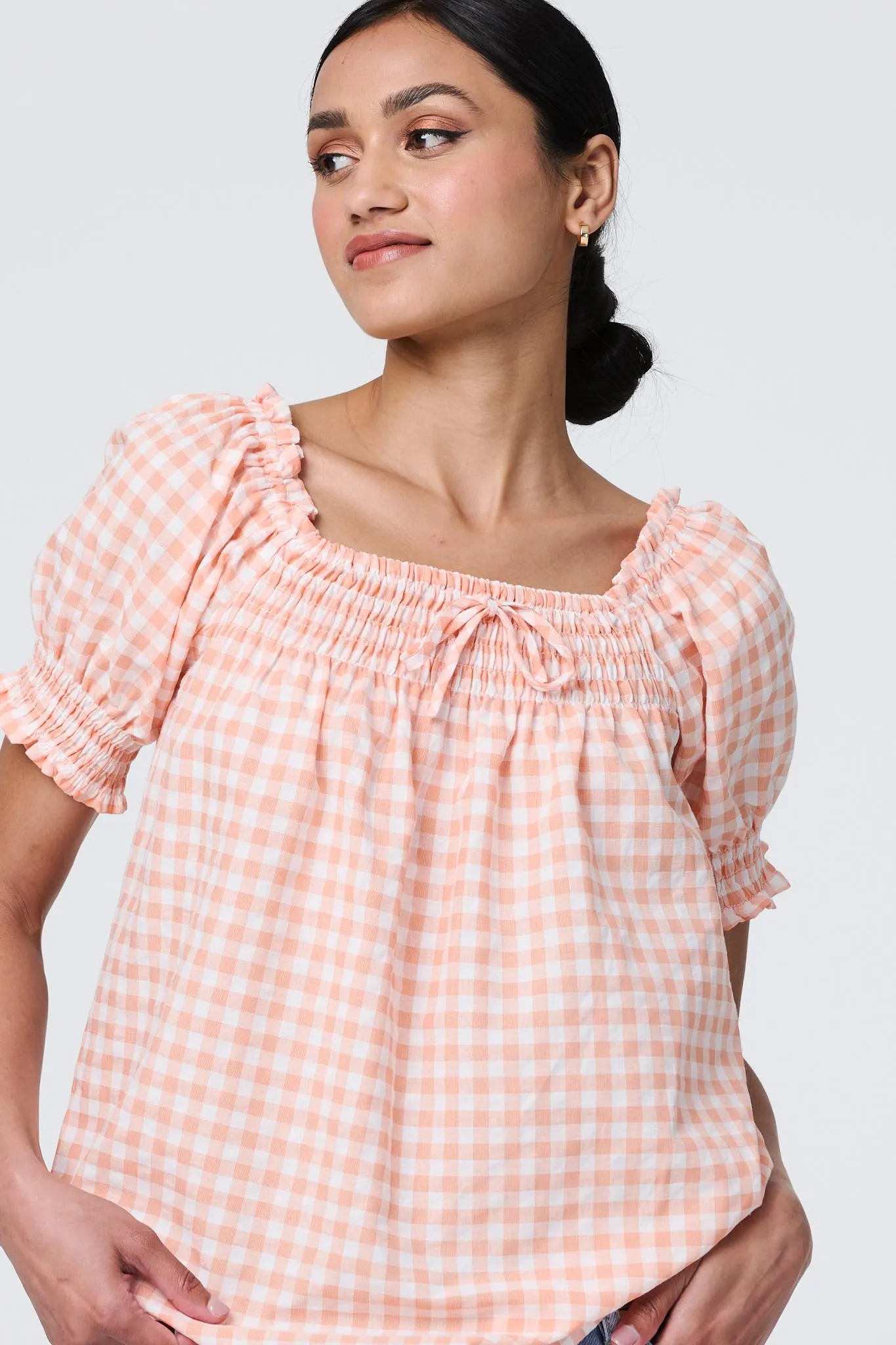 Gingham Check Puff Sleeve Blouse