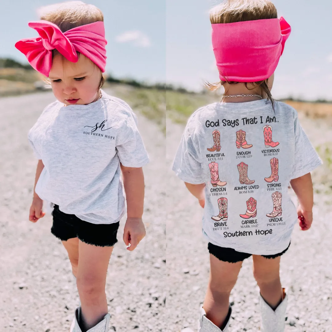 (GIRLS) God Says That I Am (Boots) Short Sleeve Kids Tee (D)