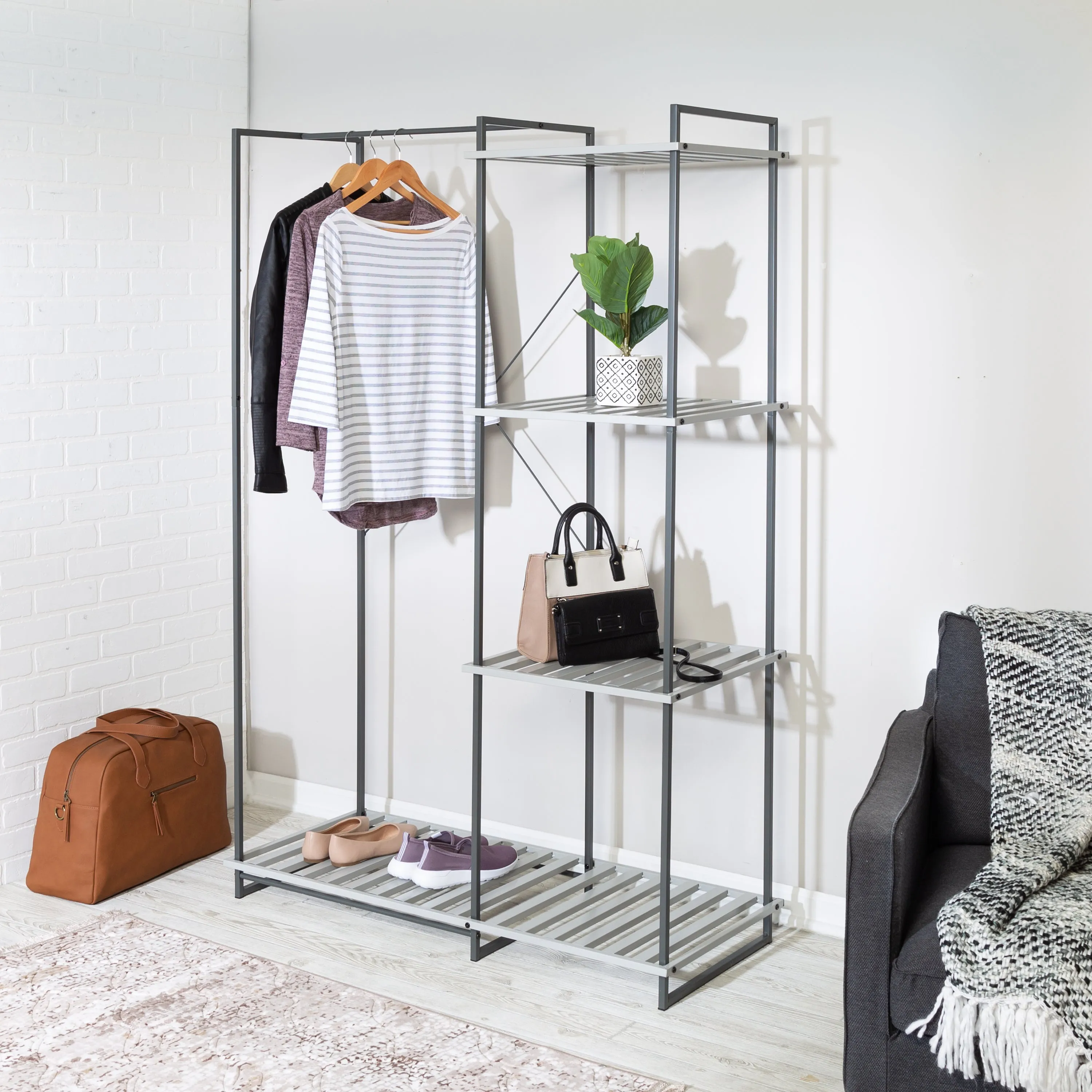 Gray Metal Freestanding Open Closet with 4 Shelves