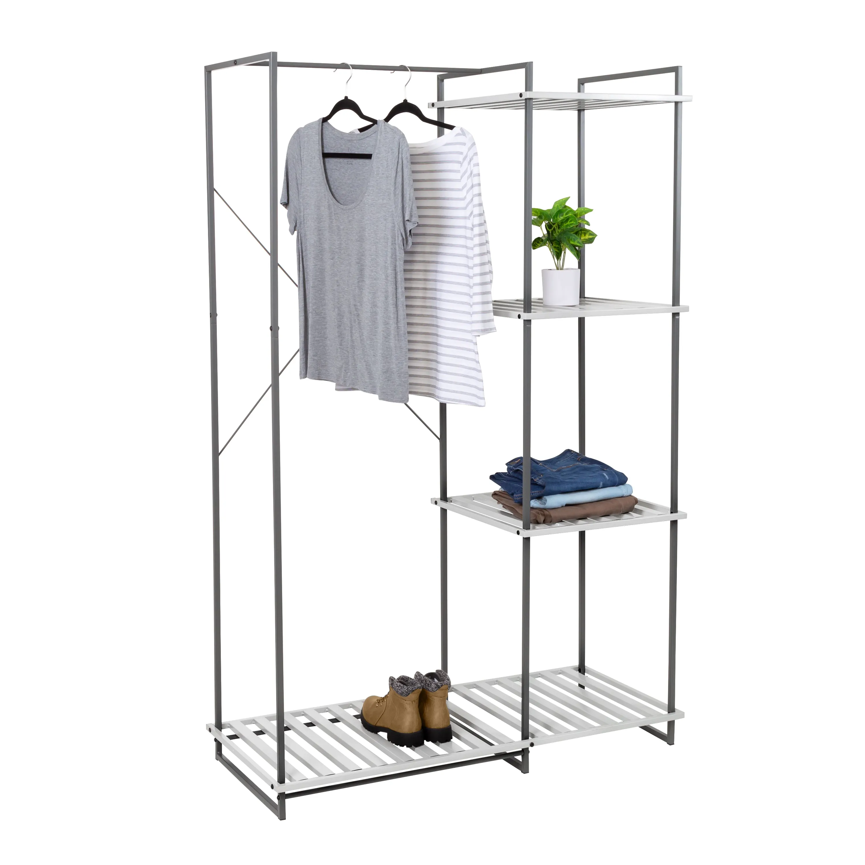 Gray Metal Freestanding Open Closet with 4 Shelves