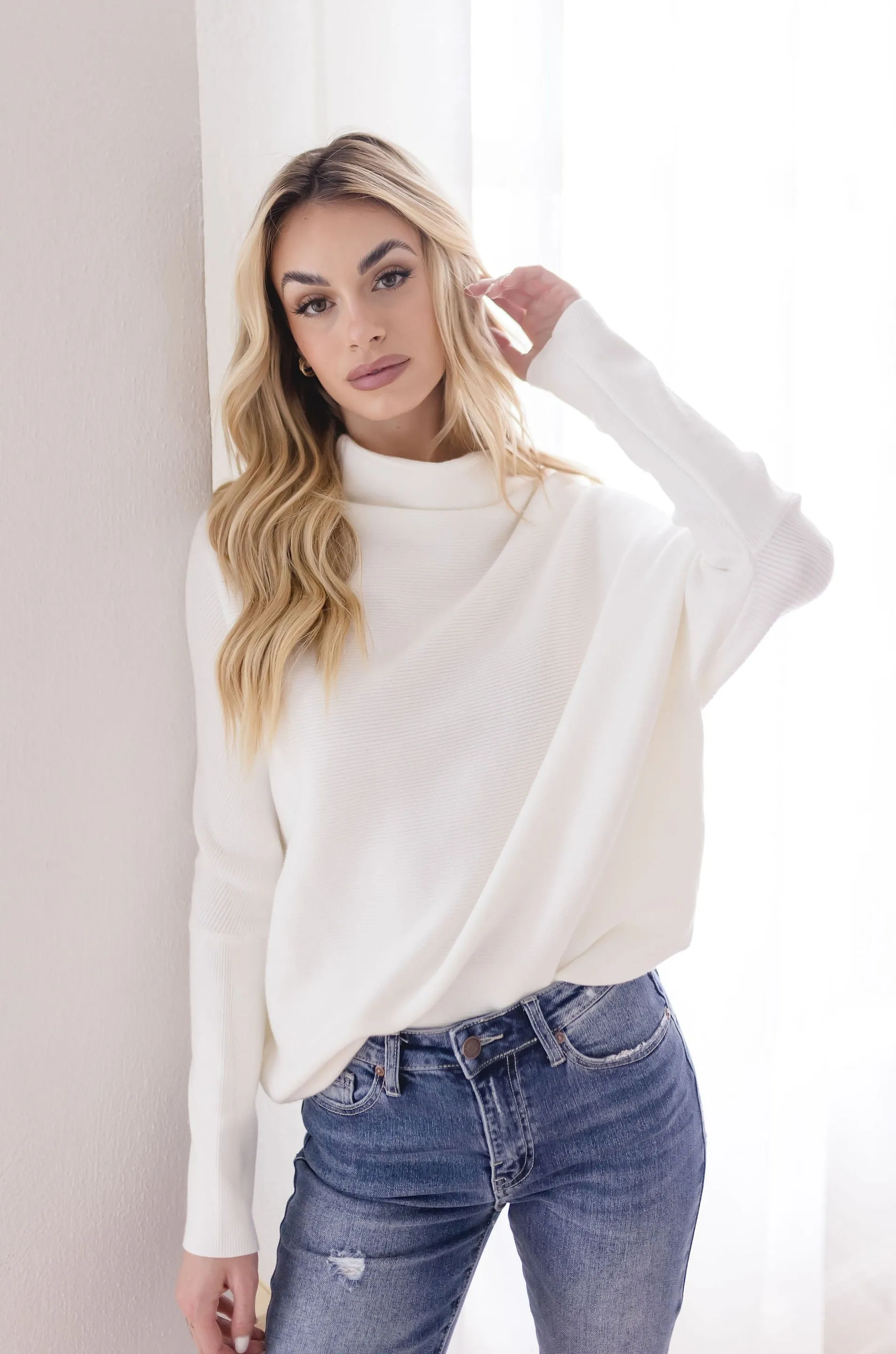 Gwen Long Sleeve Slouched Funnel Neck Sweater White