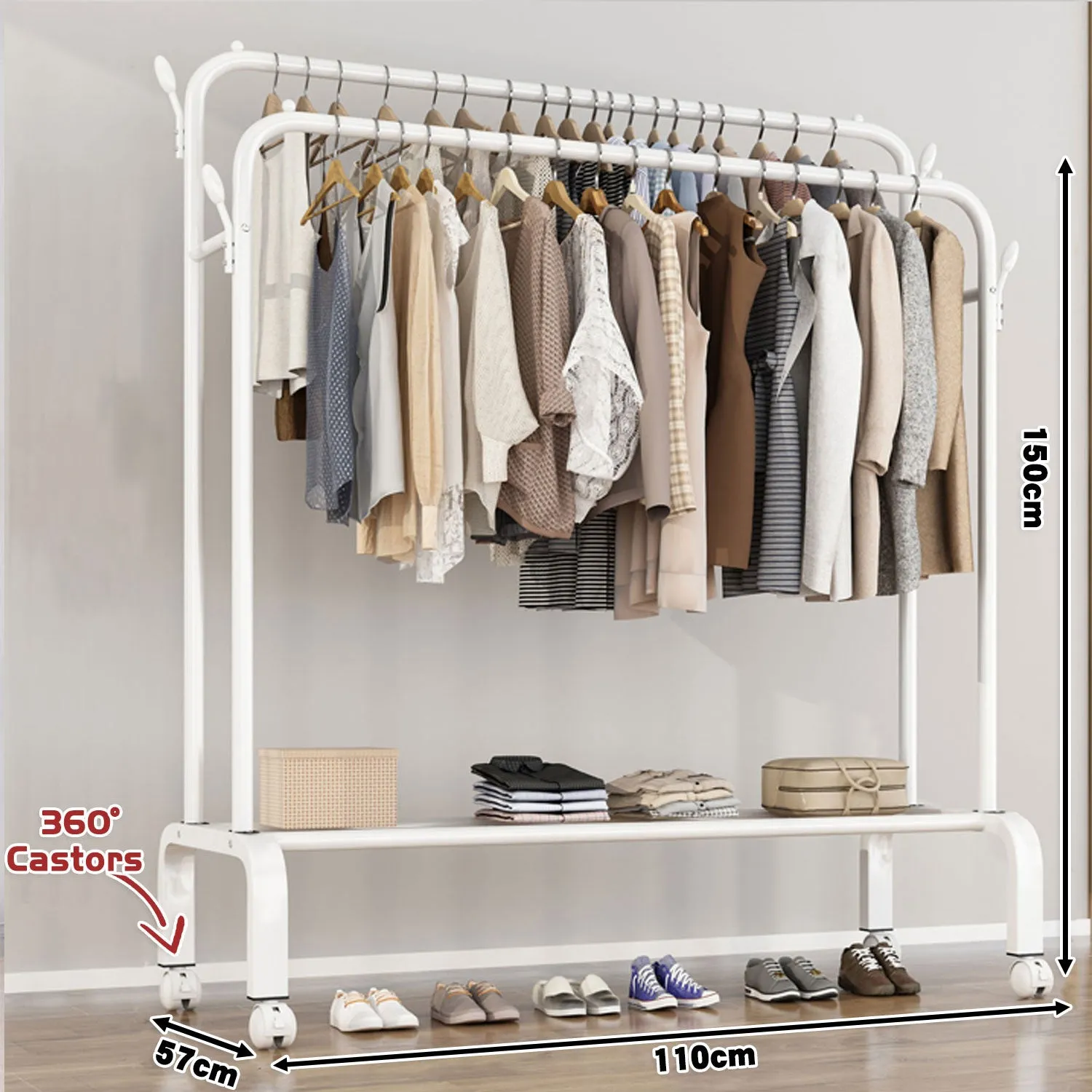 Heavy Duty Portable Double Rail Clothes Garment Hanging Rack Shoe Storage Shelf Organizer Hanger Dryer - white