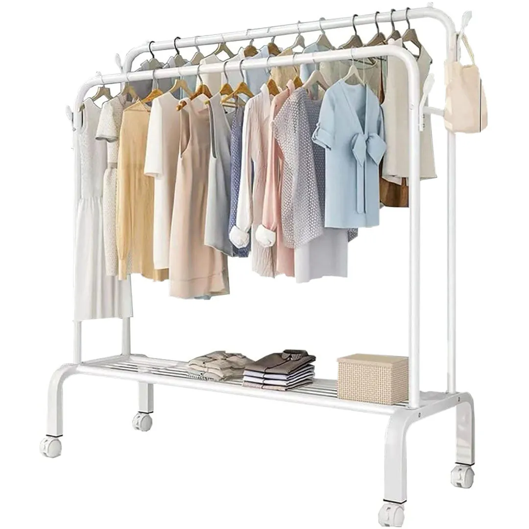 Heavy Duty Portable Double Rail Clothes Garment Hanging Rack Shoe Storage Shelf Organizer Hanger Dryer - white