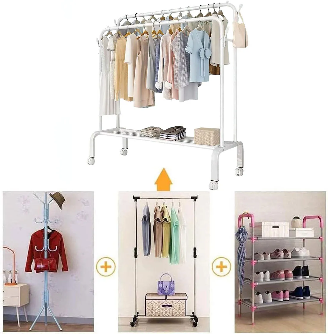 Heavy Duty Portable Double Rail Clothes Garment Hanging Rack Shoe Storage Shelf Organizer Hanger Dryer - white