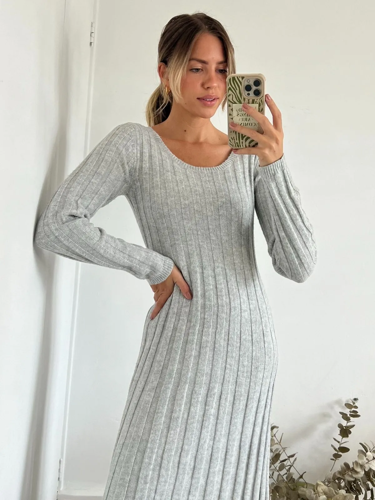 Liberty Cosy Ribbed Knitted Midaxi Dress / Grey