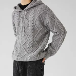 Men's Zipper Hooded Solid Color Loose Rhombus Plaid sweater