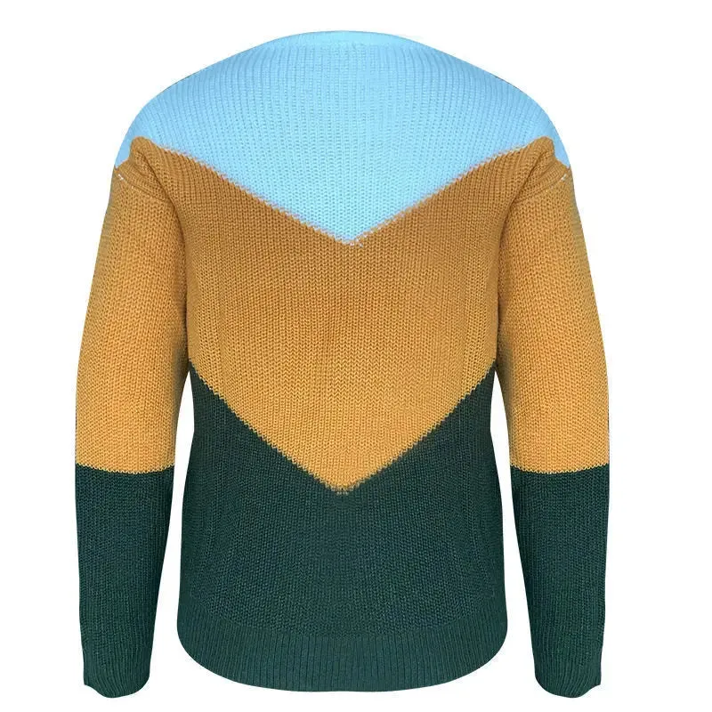 New European And American Foreign Trade Knitwear Amazon Popular Color Matching V-Neck Long Sleeve Loose Knit Sweater