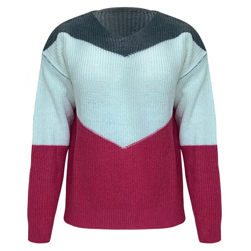 New European And American Foreign Trade Knitwear Amazon Popular Color Matching V-Neck Long Sleeve Loose Knit Sweater