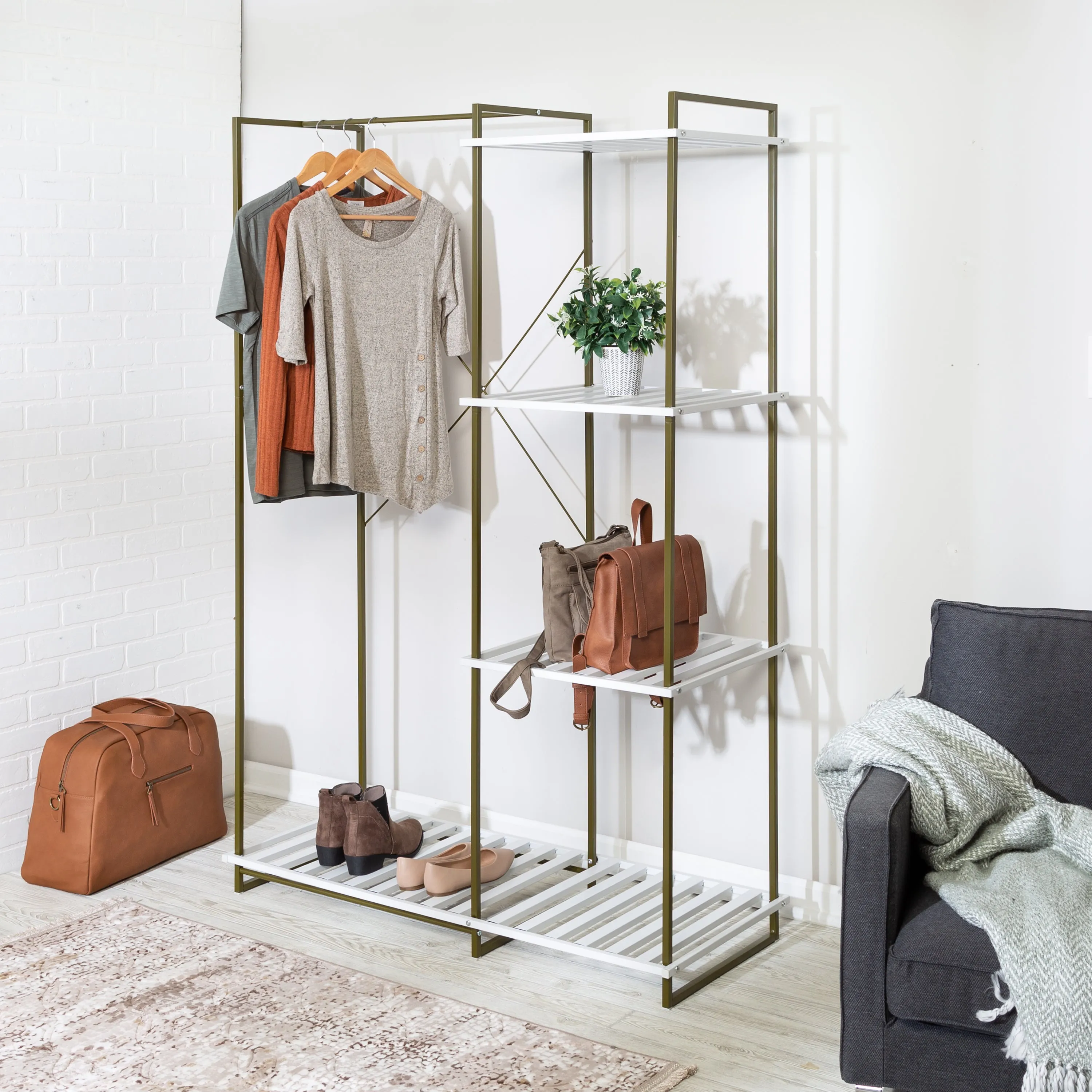 Olive/White Metal Freestanding Open Closet with 4 Shelves