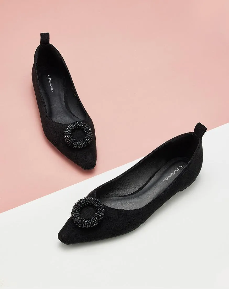 Point Toe Suede Flats Black