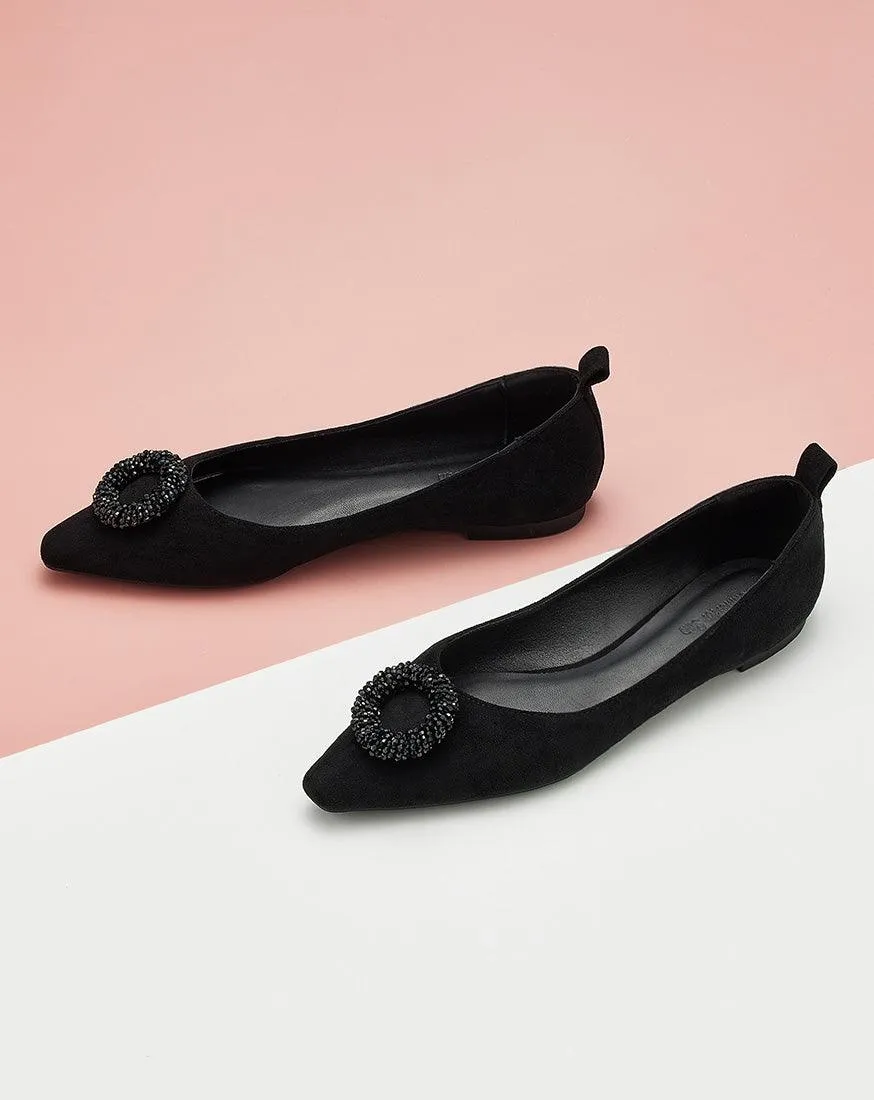 Point Toe Suede Flats Black