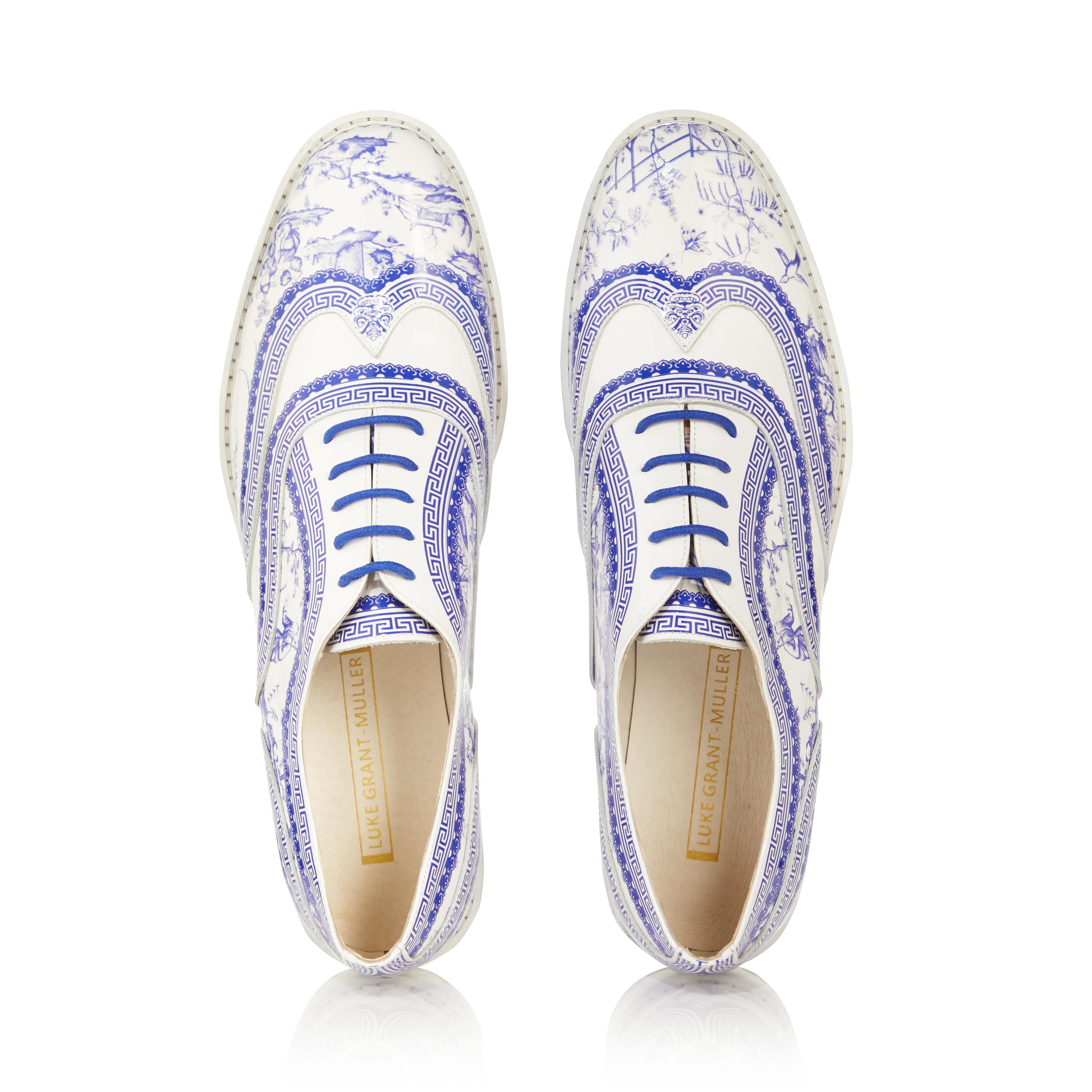 Qinghua Porcelain Blue and White Patent Brogue Shoes