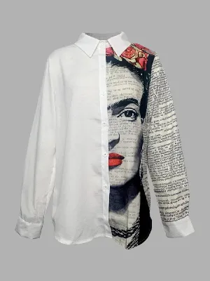 Stylish Asymmetric Printed Lapel Long Sleeves Blouse Tops