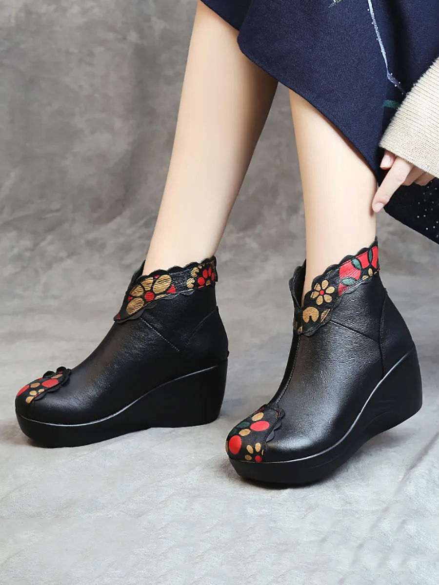 Women Elegant Flower Print Leather Platform Shoes