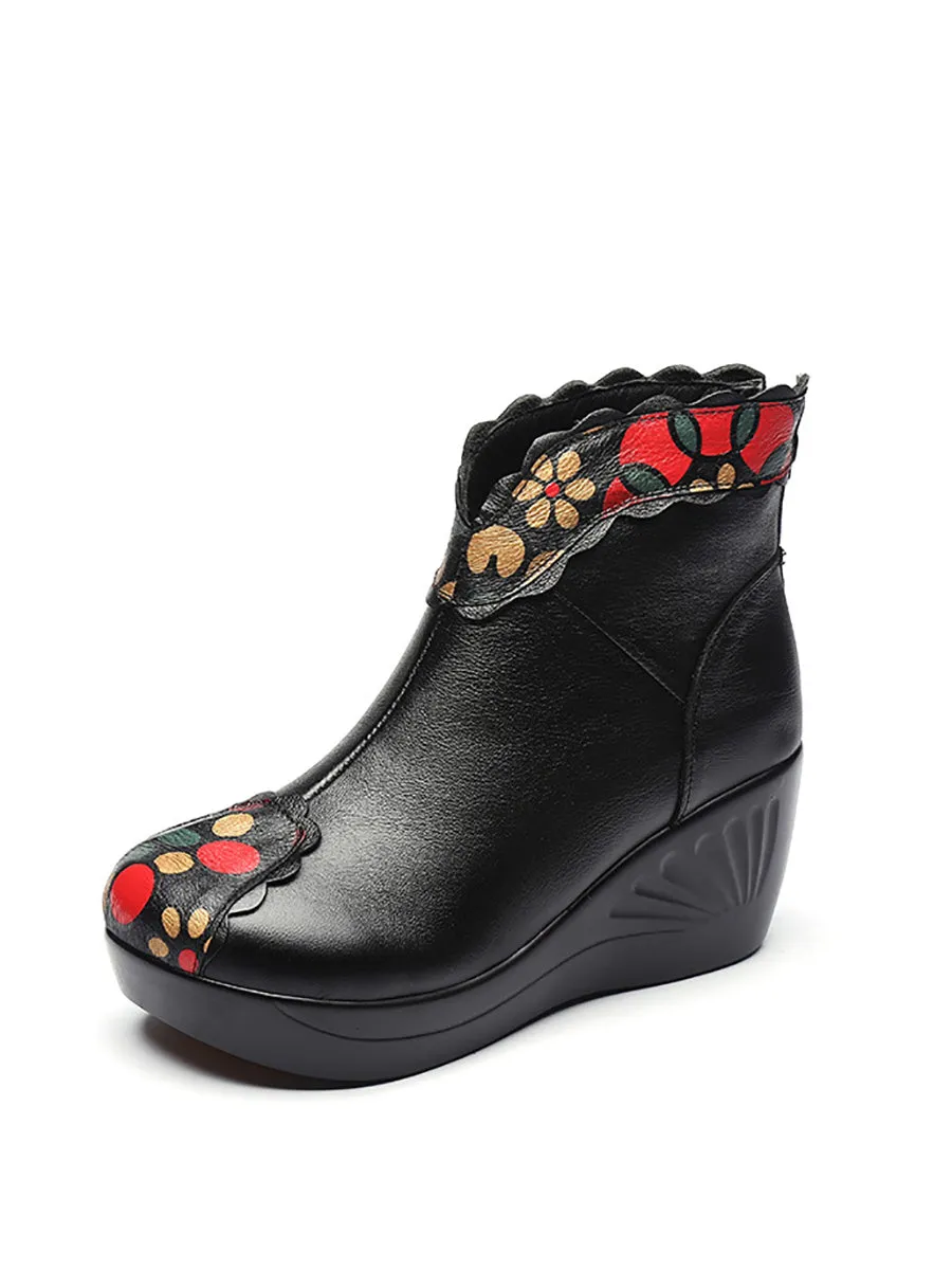 Women Elegant Flower Print Leather Platform Shoes