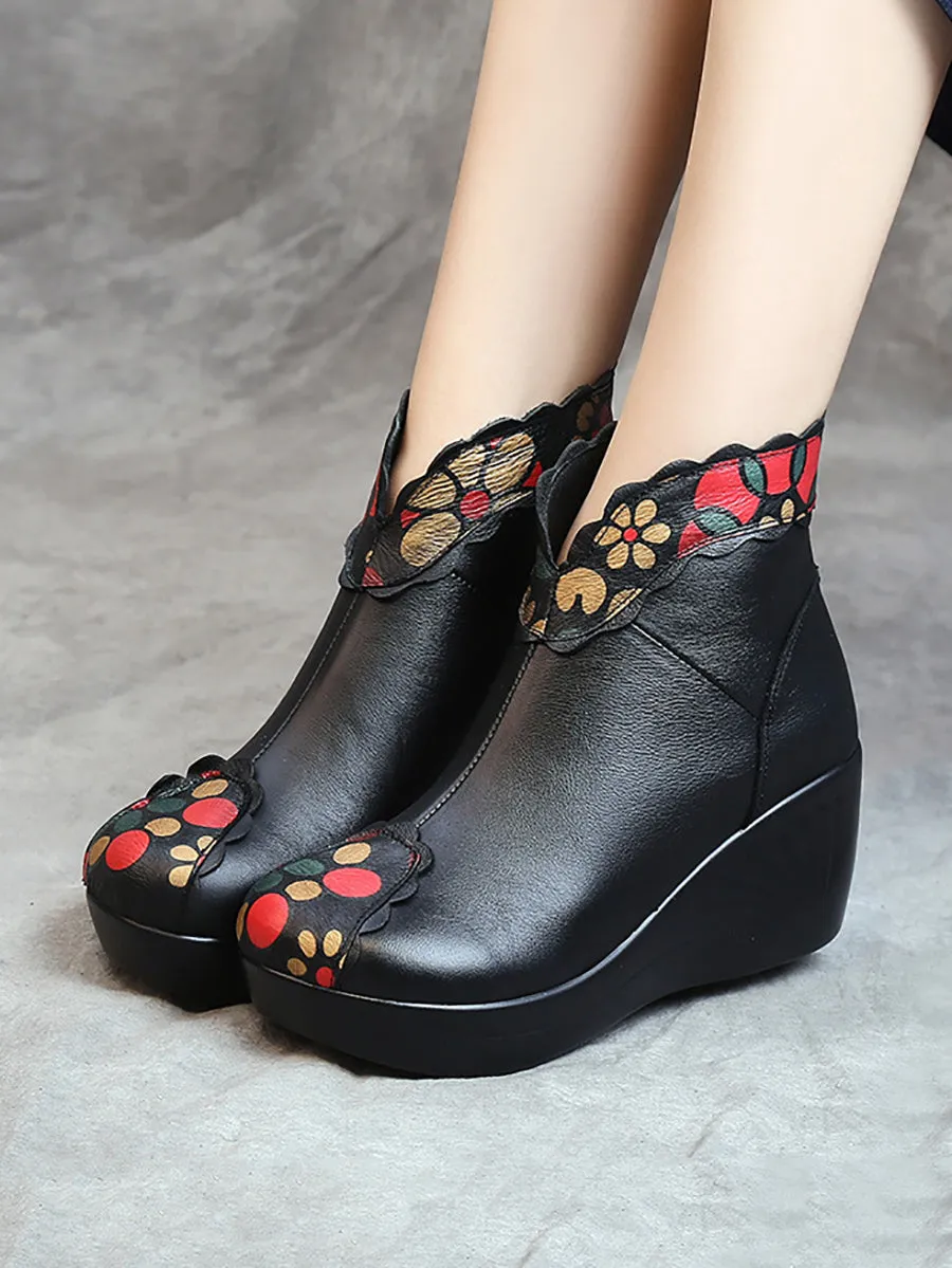 Women Elegant Flower Print Leather Platform Shoes