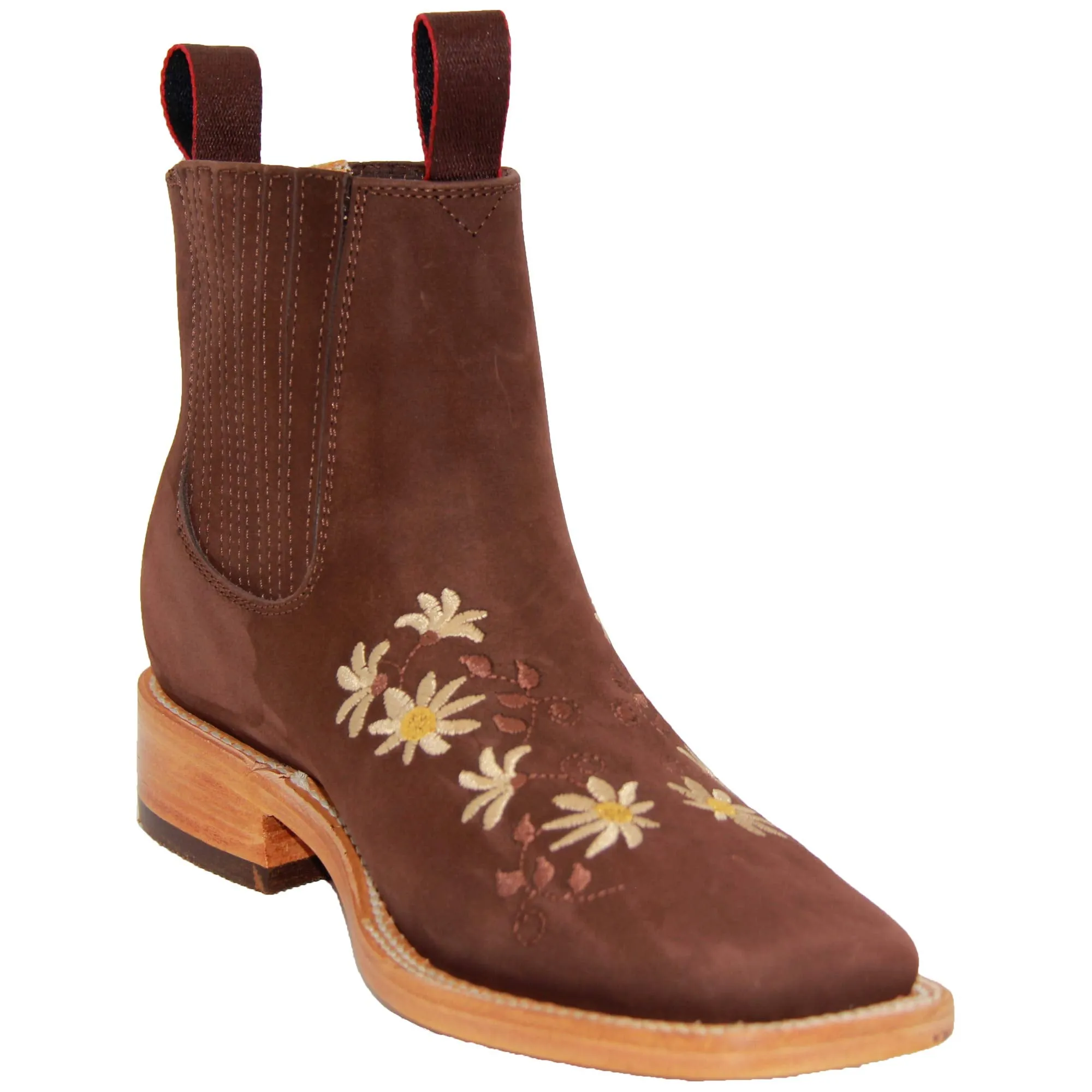 Women’s Short Ankle Leather Boot Low Heel Floral Detail