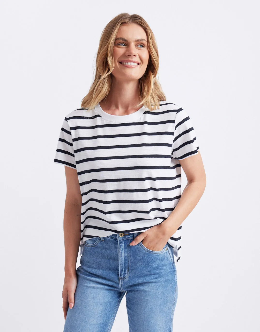 Yasmin Crew Neck Tee - White/Black Stripe