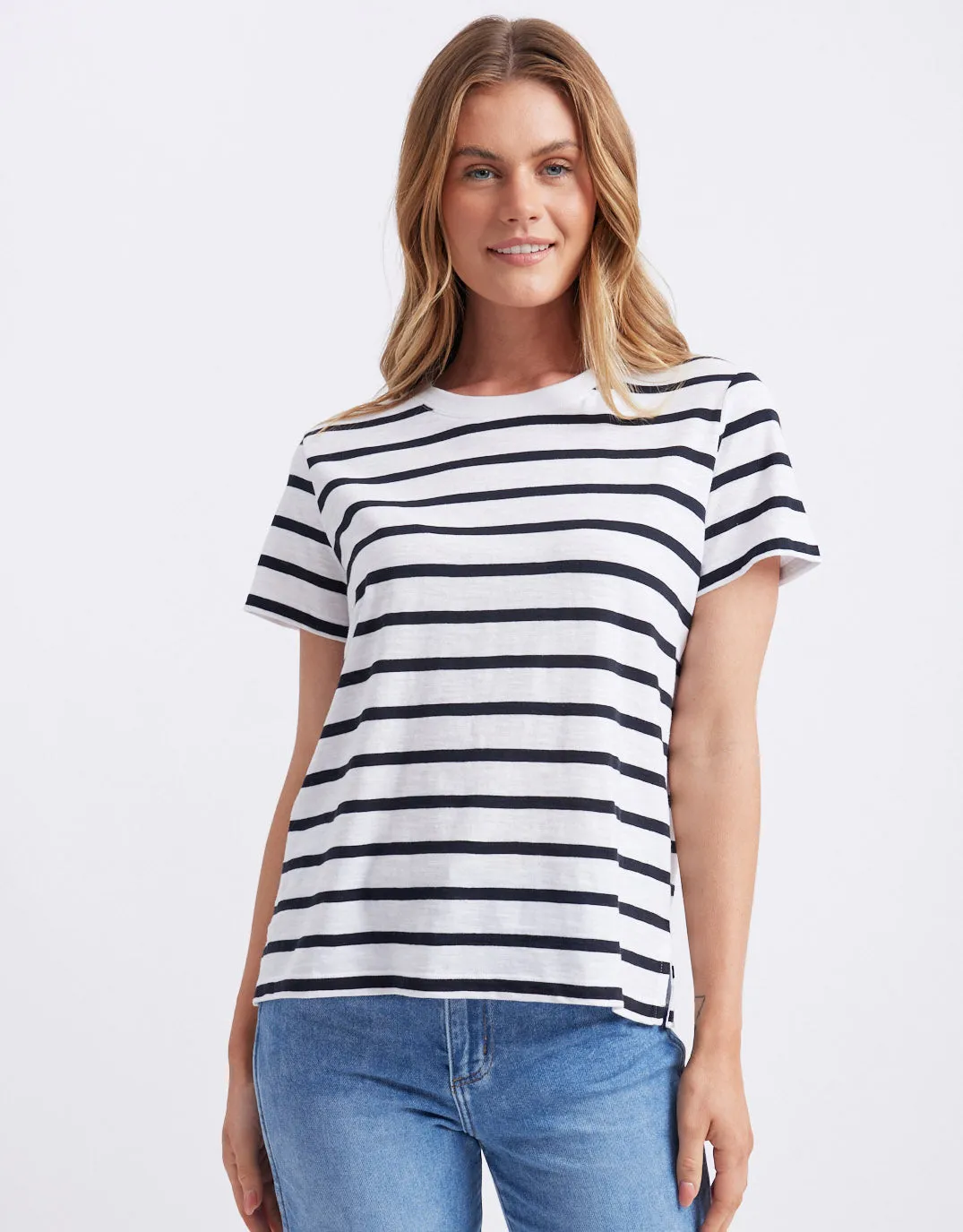 Yasmin Crew Neck Tee - White/Black Stripe