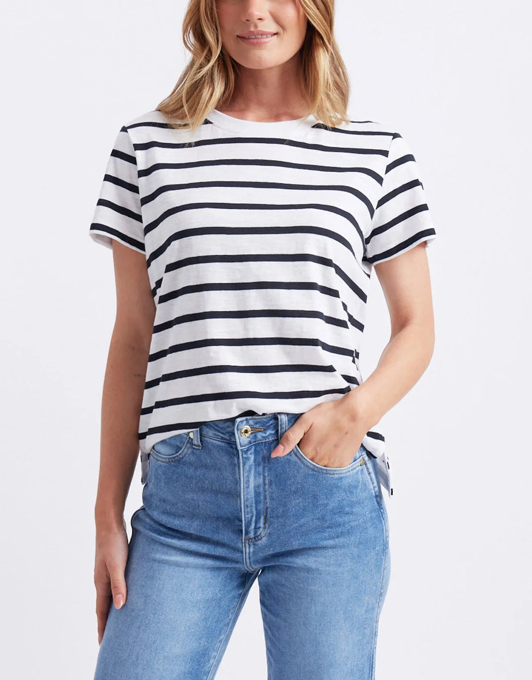 Yasmin Crew Neck Tee - White/Black Stripe